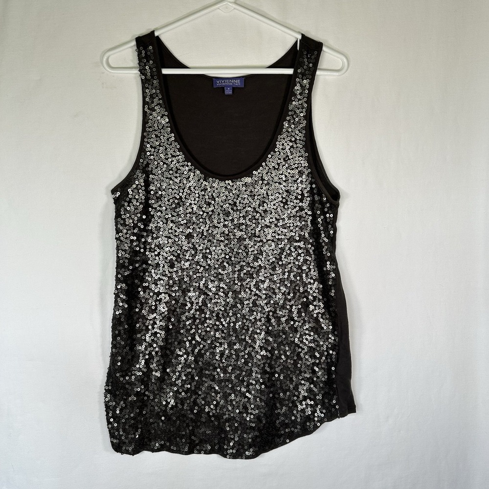 Vivienne Tam Black Sequin Tank Top Scoop Neck Sleeveless Blouse Shimmer Size M